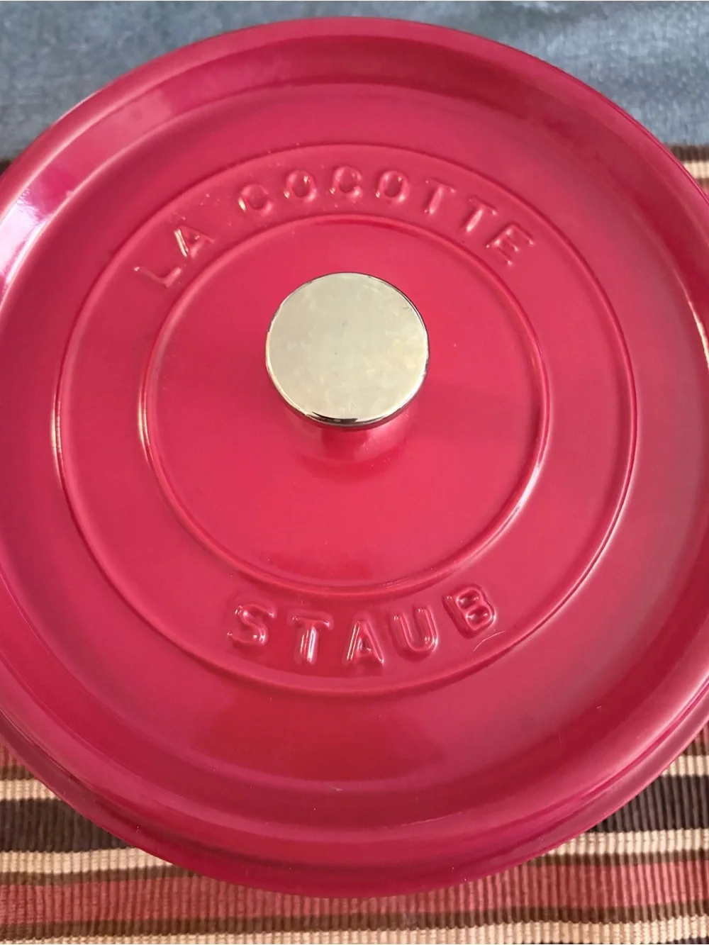 Staub Pink Red Enameled Cast Iron Cocotte with Silver Knob